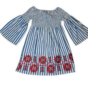 Velzera‎ Striped Off Shoulder Peasant Dress Blue White Red Embroidered Floral SM